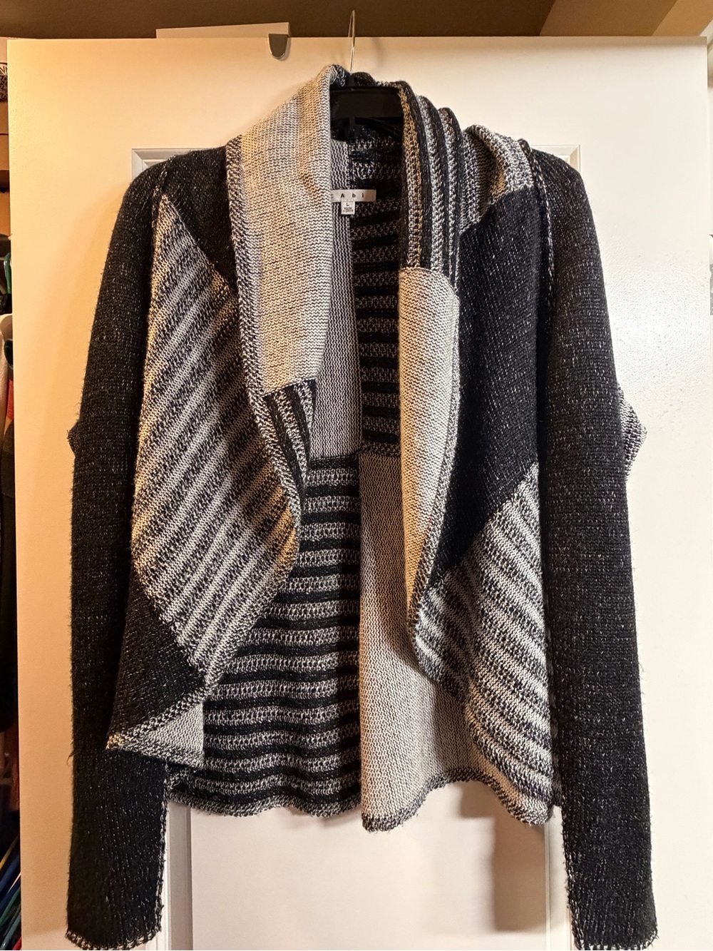 Open-Front Black & Gray Colorblock Draped Cardigan
